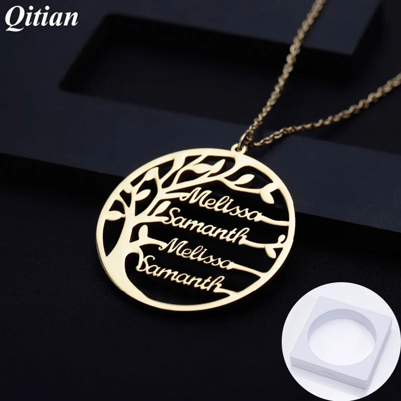 Personalized Family Tree Name Necklace – Custom Gold Stainless Steel Jewelry for Women & Men