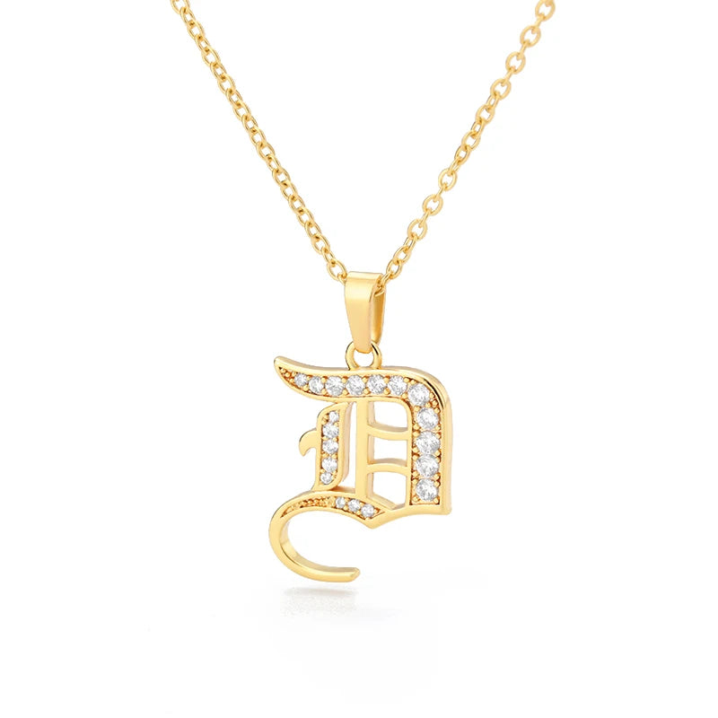 Gothic Zircon Old English Initial Necklace – A–Z Crystal Letter Pendant on Stainless Steel Chain - Image 32