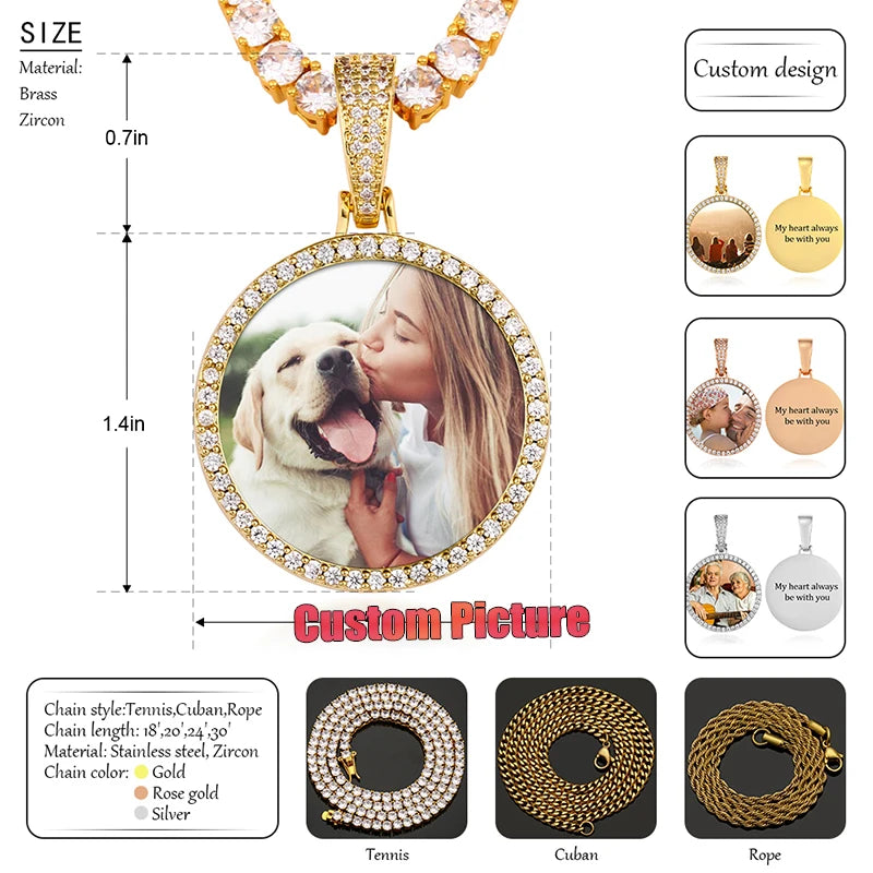 Custom Photo Round Medallion Pendant – Personalized Hip Hop Necklace with Engraved Name & Zircon Chain - Image 6