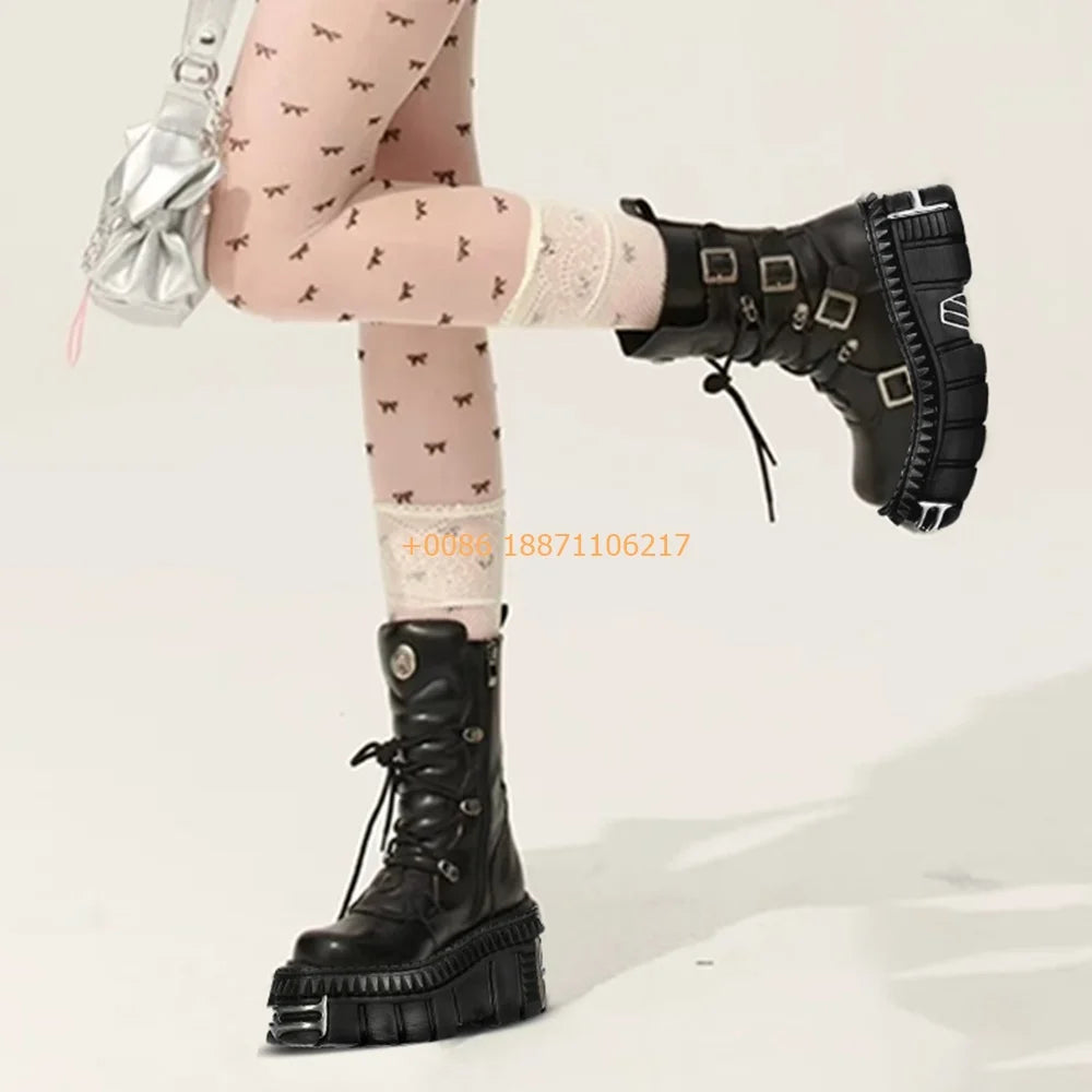 Metal Rock Punk Motorcycle Boots – Belt Buckle Lace-Up Short Boots for Women (Size 35–45) - Image 6