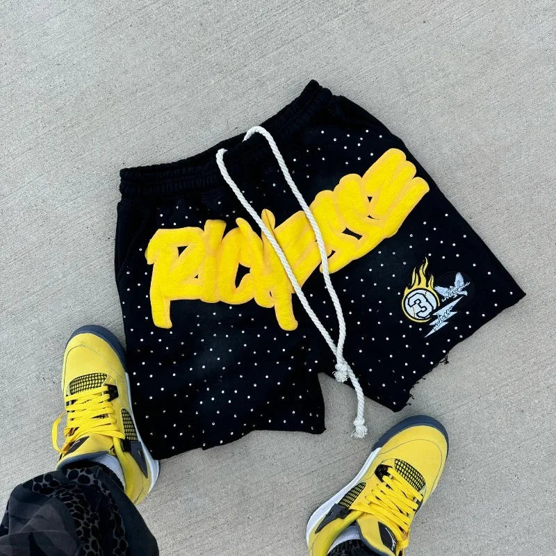 Y2K Harajuku Rhinestone Letter Print Shorts – Men’s Hip-Hop Streetwear Cotton Sweatpants - Image 3