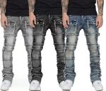 Men’s New Wave Stacked Jeans – Worn-Out Slim Fit Hip-Hop Straight Leg Denim Pants