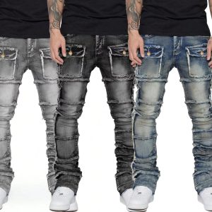 Men’s New Wave Stacked Jeans – Worn-Out Slim Fit Hip-Hop Straight Leg Denim Pants