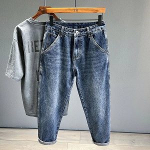 Korean Vintage Loose Tapered Men's Jeans Fashion High Street Drape Harem Pants Youth Hip Hop Streetwear Male Blue Denim Trousers