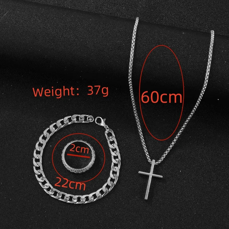 3pcs/Set Punk Black Cross Jewelry – Men's Necklace, Thick Chain Bracelet & Ring Set - Image 4