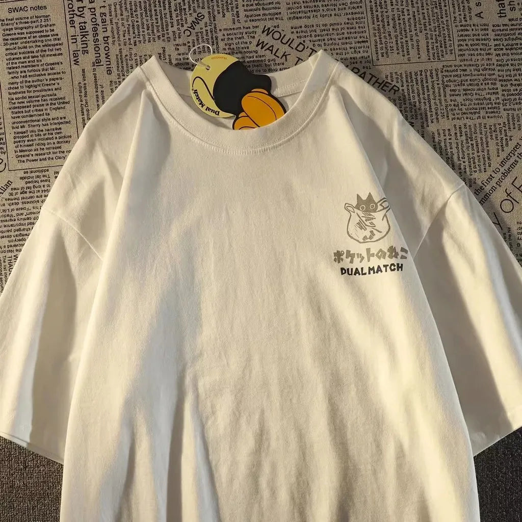 Summer Japanese Retro Pocket Cat Cartoon Printed Short Sleeve T-Shirt - Image 2