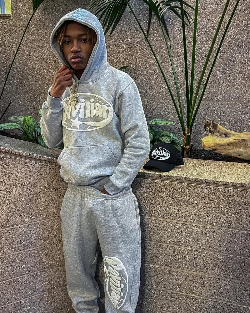 Retro logo pattern printed casual sweatshirt hip-hop gothic couple sportswear set high street trendy and fashionable loose set - Image 2