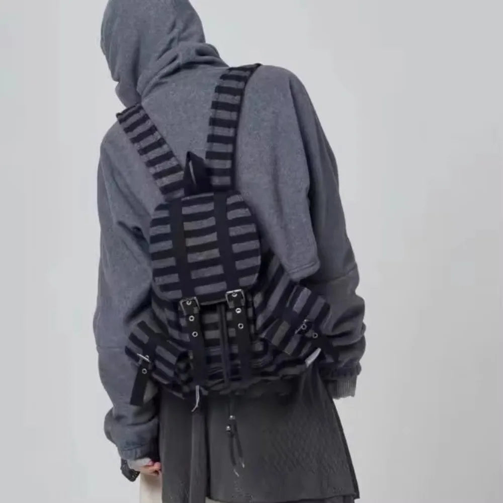 High-Quality Korean Style Drawstring Backpack – Unisex Large Capacity Flat Stripe Tote Bag - Image 4