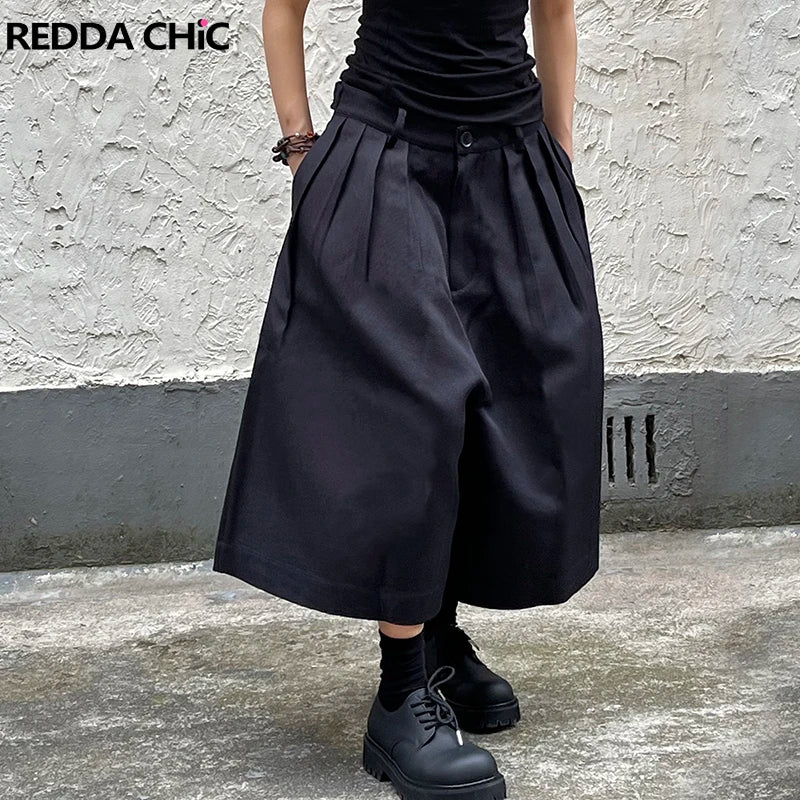 REDDACHiC Unisex Black Baggy Jorts Women Bloomers High Waist Pleated Front Plain Casual Extra-Wide Leg Short Pants Acubi Fashion
