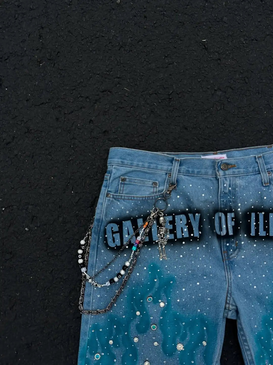 American Harajuku Blue Flame Rhinestone Shorts – Men’s Loose Wide-Leg Streetwear Jeans - Image 3