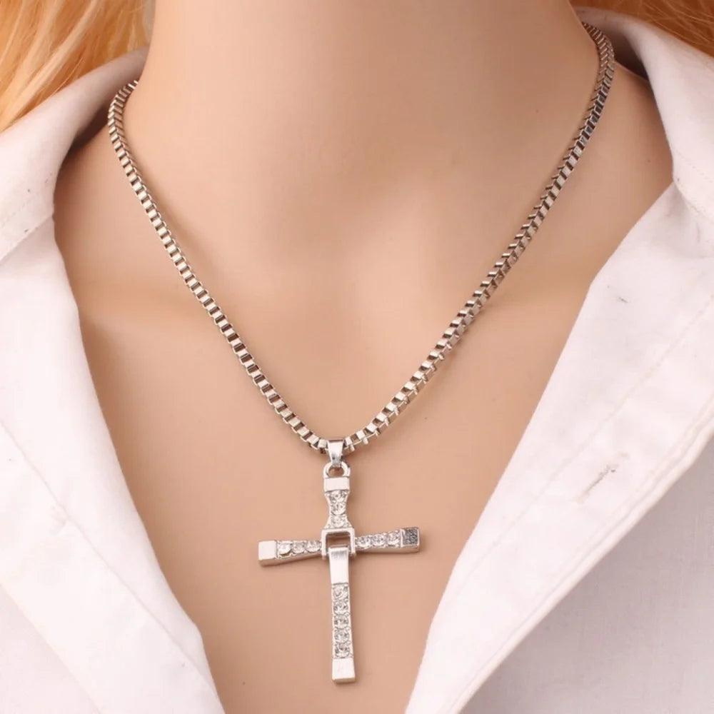 Classic Crystal Jesus Cross Pendant – Silver Color Rhinestone Necklace for Men - Image 6