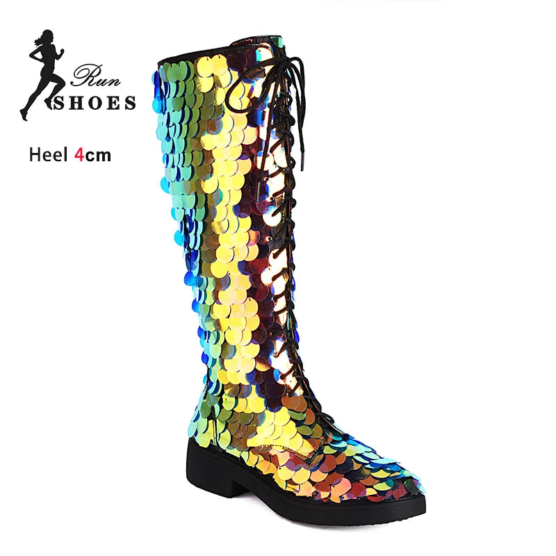 2025 Shiny Sequin Knee-High Boots – Silvery Lace-Up Gothic Hip-Hop Dance Shoes for Women - Image 8