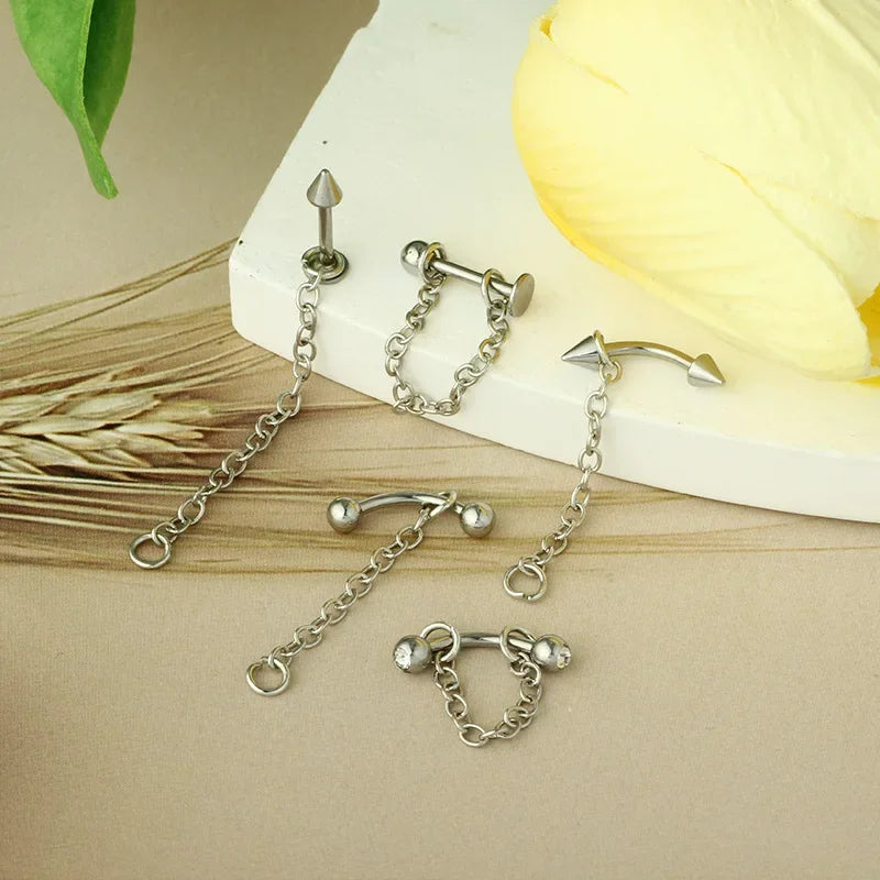 Punk Detachable Lip & Cartilage Stud Earrings – Stainless Steel Chain Body Jewelry - Image 3