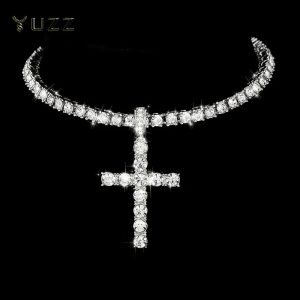 Hip Hop Iced Out Cross Pendant Necklace with 4mm Zircon Tennis Chain