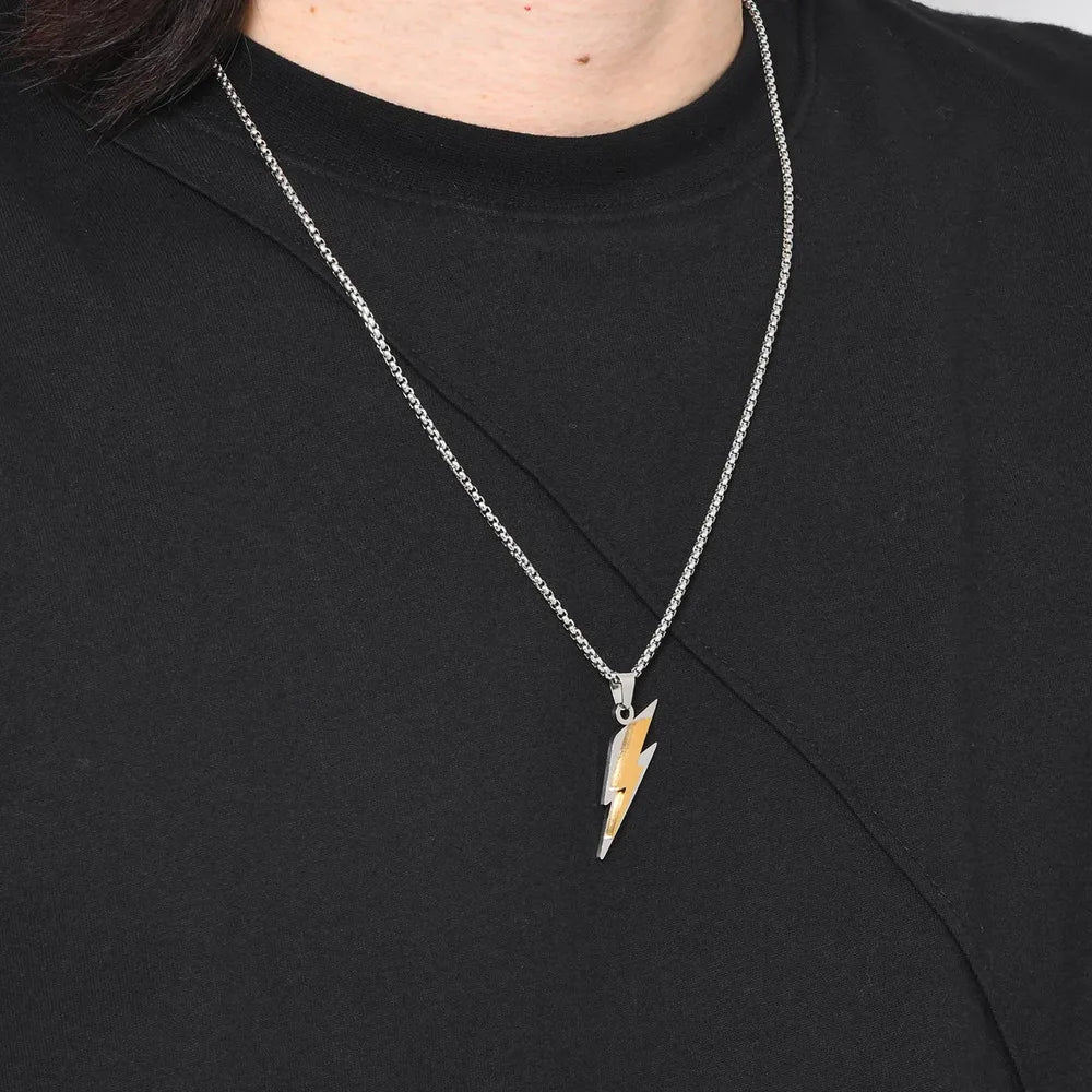 Trendy Lightning Pendant Necklace – Two-Tone Stainless Steel Chain for Men - Image 2