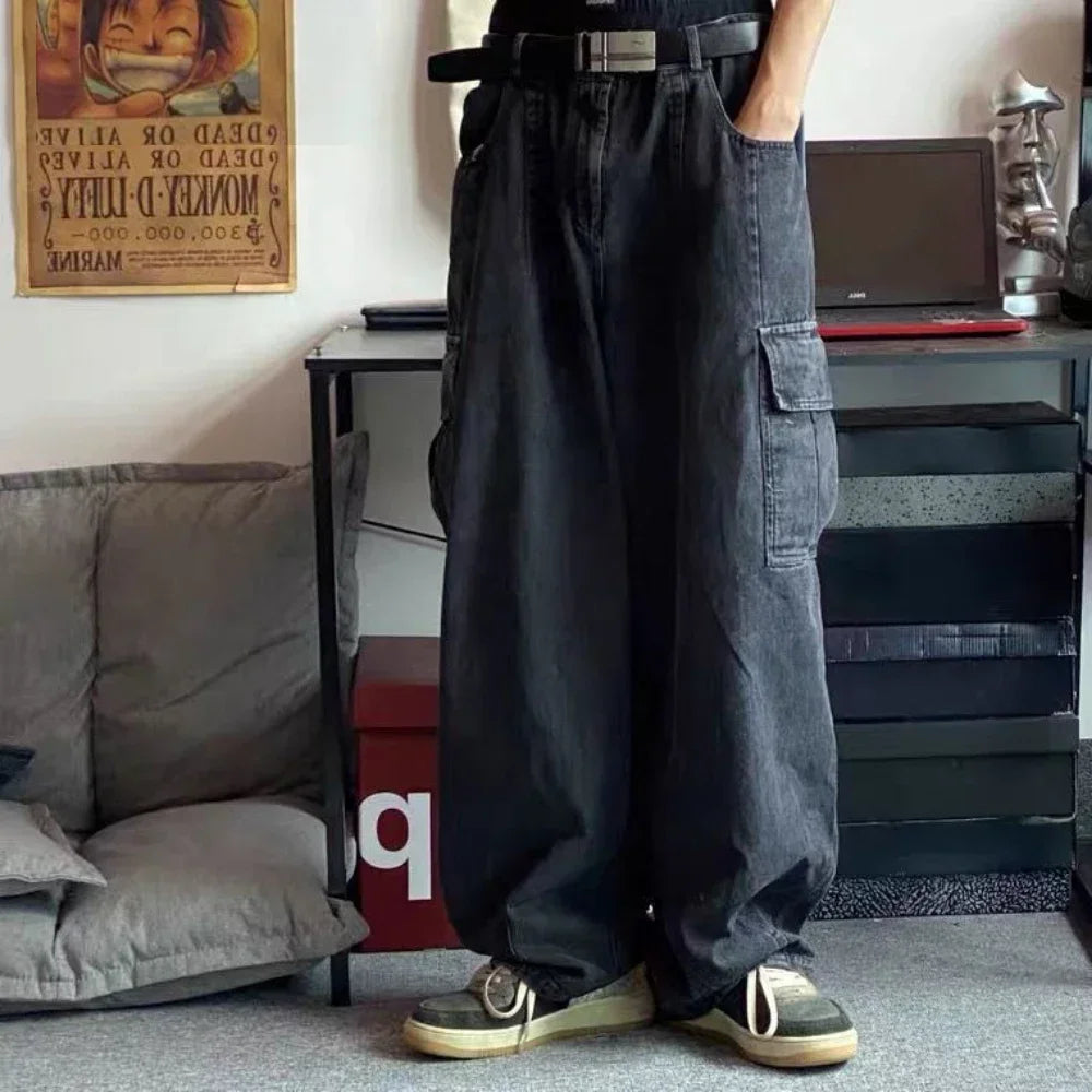 Baggy Jeans Men's Oversize Cargo Korean Black Wide Pants Streetwear Hip Hop Harajuku Male Fashion Straight Denim Pants - Image 3